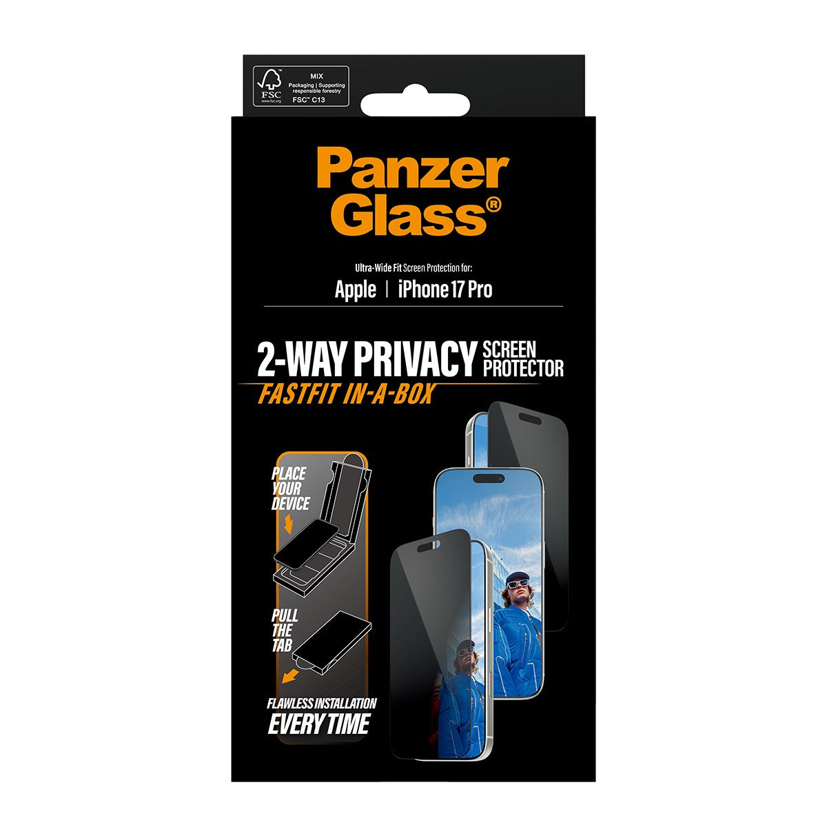 PanzerGlass® Privacy Displayschutz m. Schwarz Rahmen iPhone 17 Pro | Ultra-Wide Fit m. FASTFIT IN-A-BOX